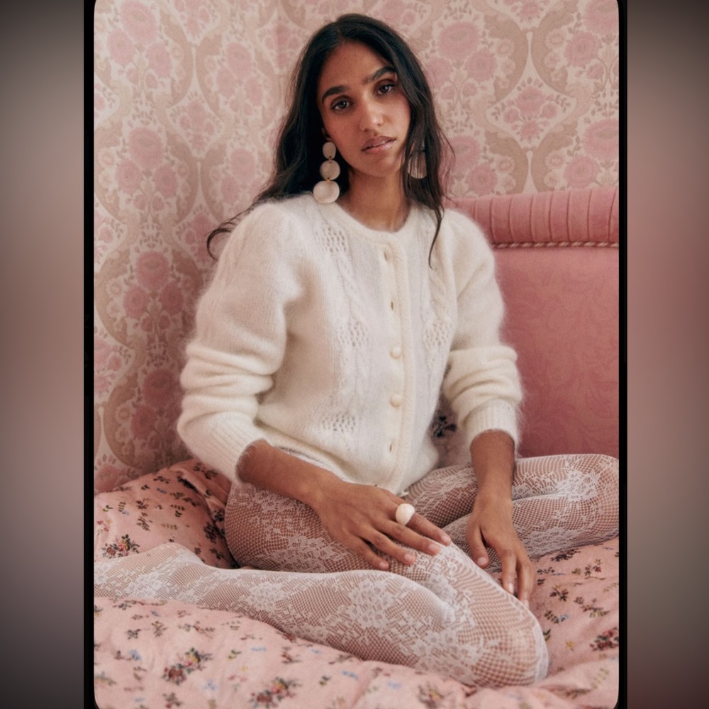 Angora lambs wool pearl cardigan like Sezane Evy vintage romantic padded shoulde